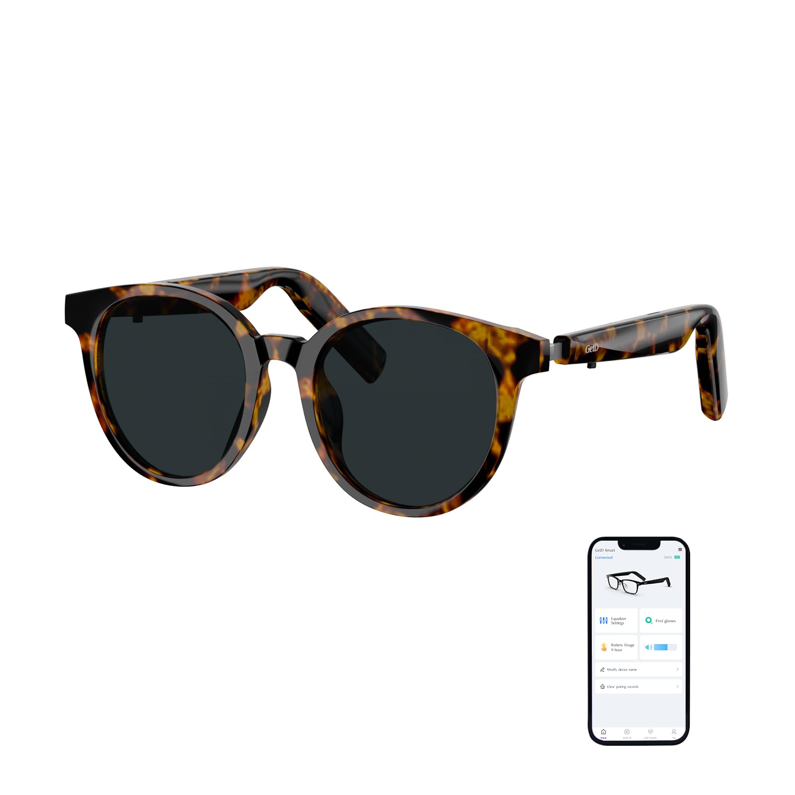 GetD Lunettes Bluetooth Polarises pour Hommes et Femmes, Grande Taille, Protection UV et Reduction du Bruit (Cadre Tortu