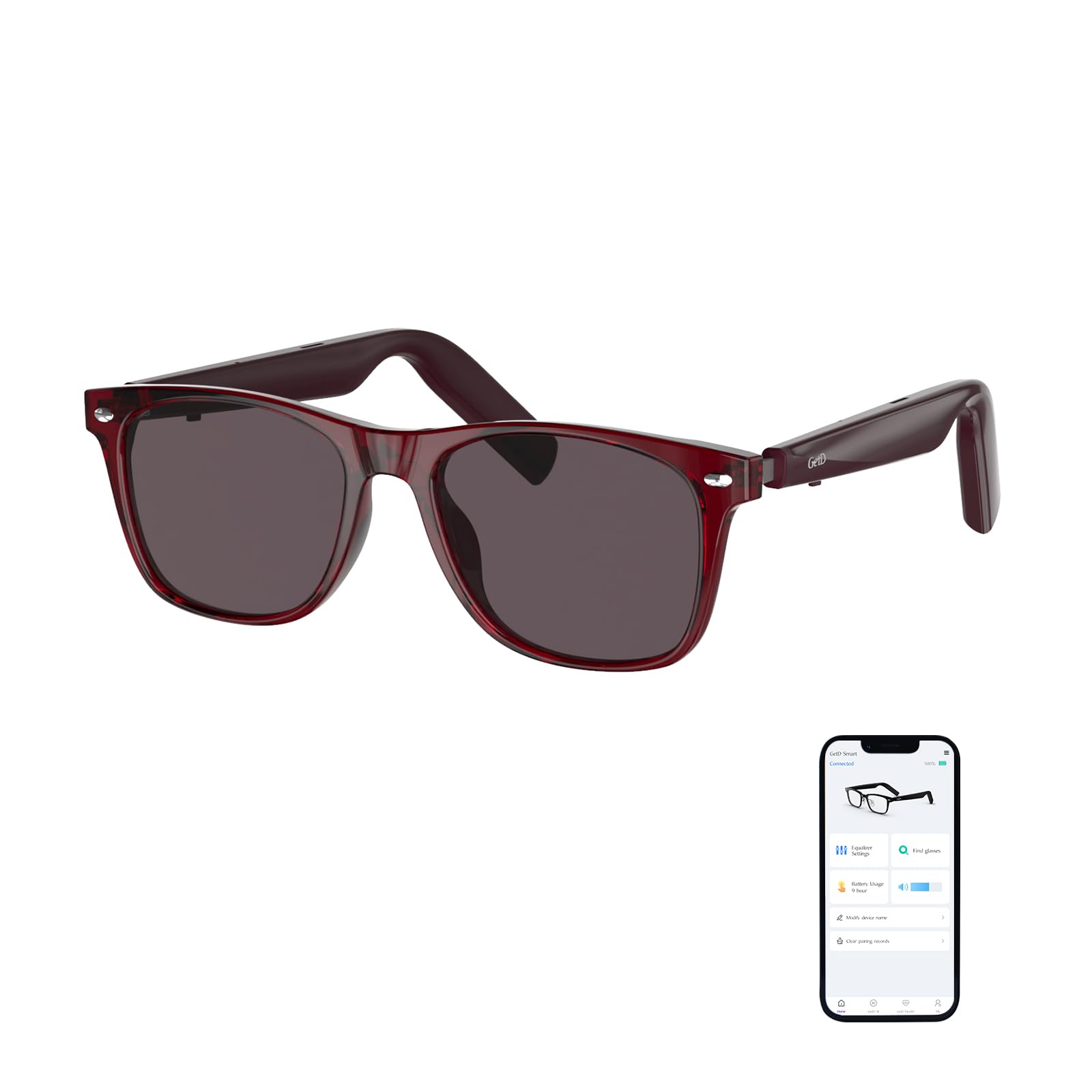 GetD Lunettes Bluetooth Intelligentes pour Femmes et Hommes - Cadre Rouge + Lentille Grise | Lunettes Audio Ouïes Polari